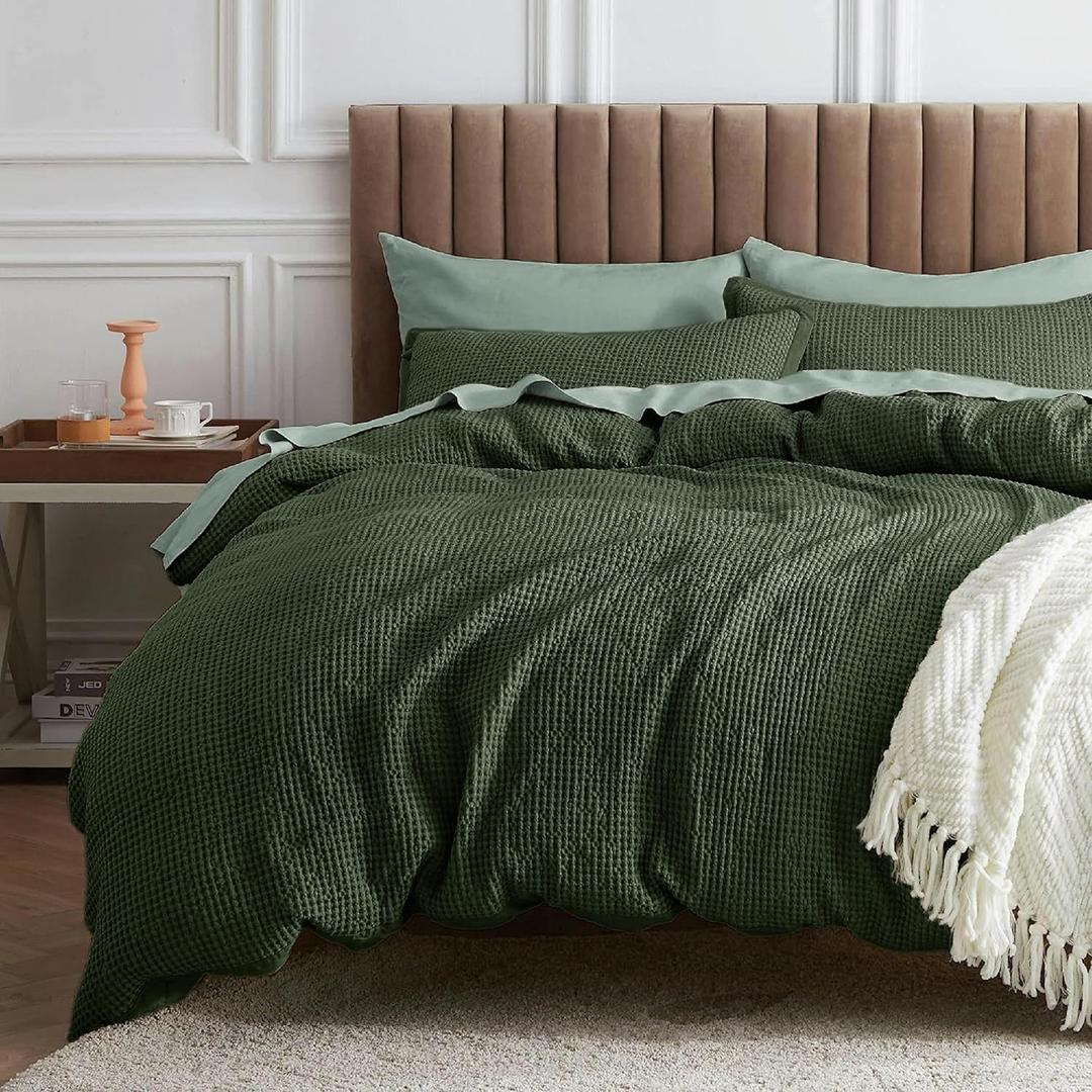 Bedsure Waffle Comforter Set Queen, Olive Green Soft Cotton Bedding, Waffle Weave Bed Set, 3 Pieces, 1 Comforter (90"x90") and 2 Pillow Shams, Premium Cotton Cover with Polyester Fill for All Seasons