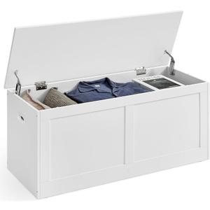 VASAGLE Storage Chest, Storage Trunk with 2 Safety Hinges, Storage Bench, Shoe Bench, Farmhouse Style, 15.7 x 39.4 x 18.3 Inches, for Entryway, Bedroom, Living Room, Cloud White ULSB164W01