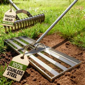 Oris Garden Lawn Leveling Rake 30 inch - Ground Leveler for Yard, Sand, Soil, Grass - Dirt Leveling Tool, Heavy Duty Stainless Steel rakes for Golf, Grading, Gravel (30" Leveling + Thatch Rake)