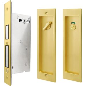 Pocket Door Privacy Lock with Indicator No Keys Brushed Gold - Modern Rectangular Hardware, Finger Flush Pulls with Edge Pull for Sliding, Folding Doors