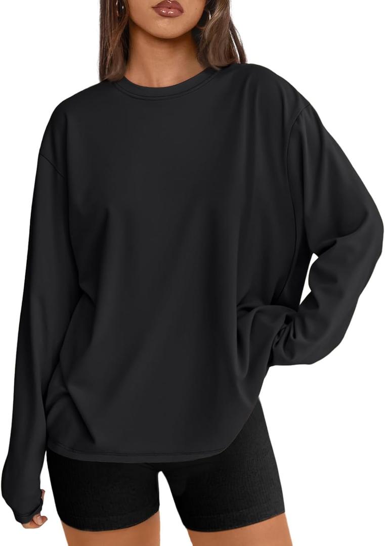 Trendy Queen Womens Spring Tops Oversized Long Sleeve T Shirts 2026 Basic Tee Fall Casual Workout Y2K Clothes (Black, L)