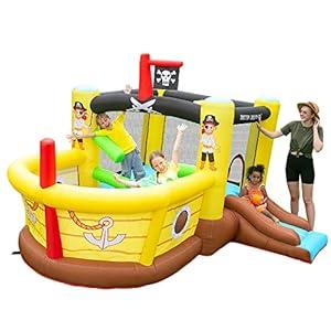Doctor Dolphin Bounce House Inflatable Slide with Obstacles  Blower  Pirate Ship Theme  Ball Pit  Basketball Hoop, Inflatable Bouncers for Toddlers Bouncy House Kids Outdoor or Indoor, Wet and Dry