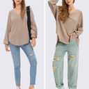 EXLURA Womens Fall Oversized V Neck Tunic Tops 2025 Casual Long Sleeve Shirts Lightweight Soft Sweater Curved Hem T Shirts (Beige, S)