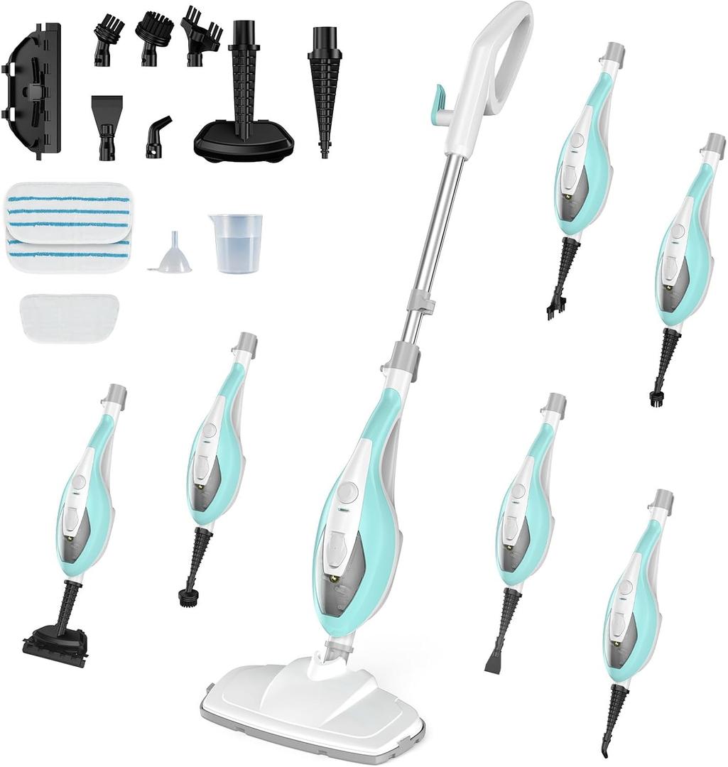 OLIXIS 10-in-1 Steam Mop, 1550W Detachable Handheld Steam Cleaner for Floor Cleaning, 16FT Cord, 2 Washable Pads, Multi-Purpose Floor Steamer for Hardwood, Carpet, Tile, Grout, Windows, White Green