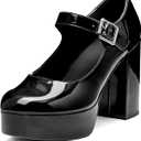 Coutgo Women's T-Strap Round Toe Platform Heels Chunky Heel Patent Mary Jane Dress Shoes, Size 8