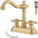 GGStudy Antique Brass Bathroom Faucet - 2 Handles, 4 Inches Centerset, RV Vanity With Drain Assembly and Supply Hose