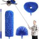 Microfiber Duster for High Ceiling Fan Blades, Cobweb with Extension Pole Adjusts 15-82 Inch, Reusable Cleaning Duster Kit with 3 Duster Heads for Wall Blinds Door Furniture Bookshelves (Blue)