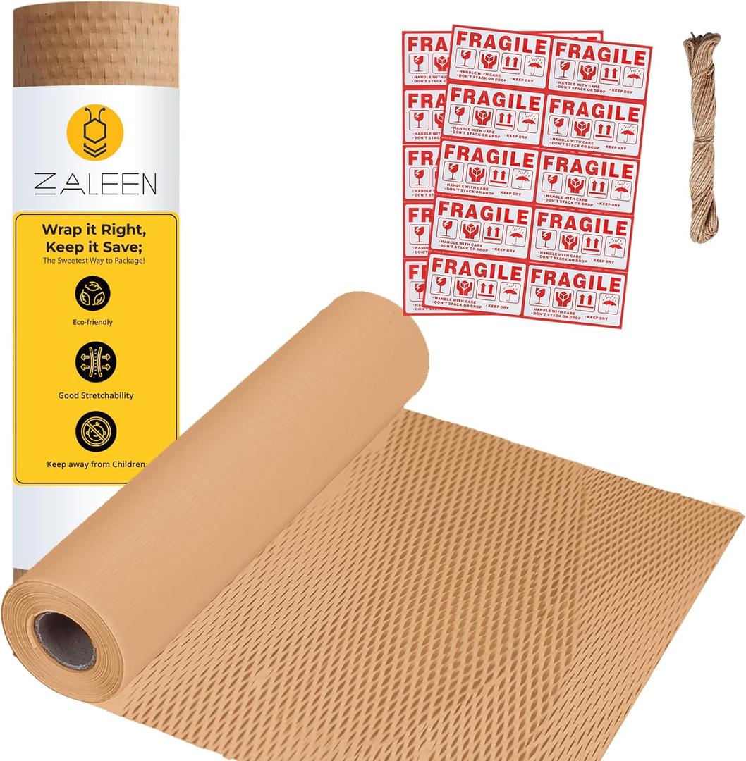 Honeycomb Packing Paper for Moving -12 In x 65 Ft, Shock Proof Brown Wrapping Paper Roll for Shipping With 20 Fragile Stickers & 100Ft Jute Twine -Sustainable & Recyclable Moving Bubble Packing Roll