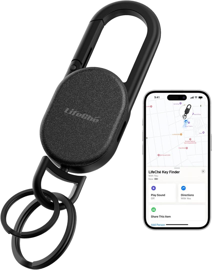 Keychain, Key Finder Built-in Anti-Loss Tracker, Heavy Duty Key Holder, Premium Stainless Steel Keychain Carabiner Car Key Chains with GPS Global Locator Tracking Waterproof (Black)