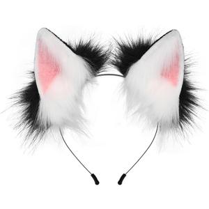 HAOAN Handmade Faux Fur Fox Wolf Ears Headband Halloween Christmas Cosplay Party Costume Accessories (Black Pink)