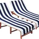 COTTON CRAFT Pool Lounge Chair Cover - 2 Pack Cabana Stripe Waffle Weave | Oversized Euro Spa 32 W x 82 L & 7 inch Pocket Beach Chaise Cover - Soft Absorbent 450 GSM 100% Cotton Beach Towel - Navy