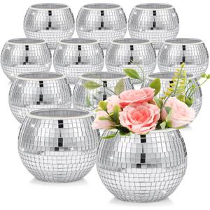 Jinei 12 Pcs Disco Vases Bulk Silver Mirror Disco Ball Flower Glass Ball Planter Candle Holder Glass Vase for Wedding Table Centerpieces Bedroom Office Birthday Decoration (3" X 4")
