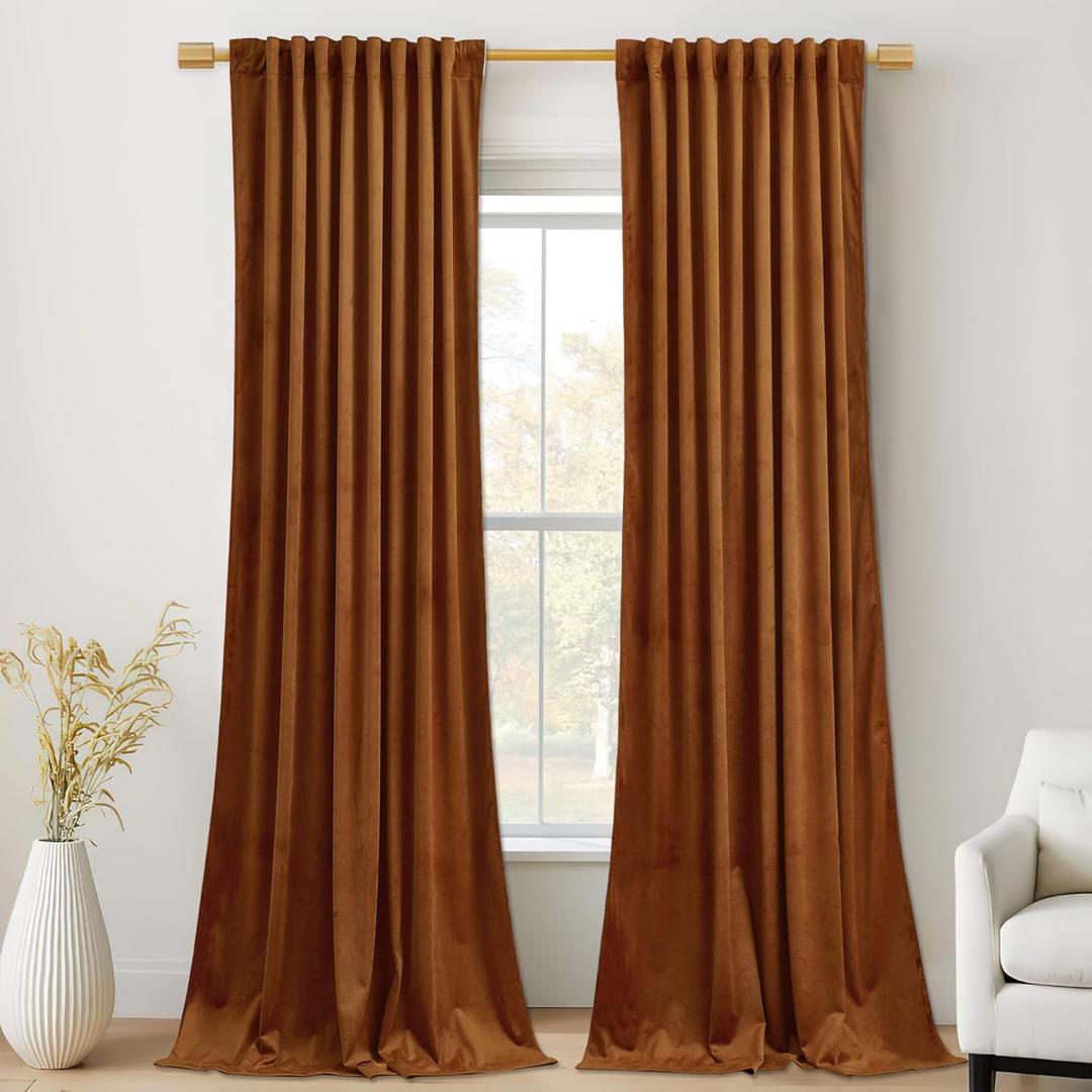 StangH 120 inches Long Velvet Curtains, Burnt Orange Blackout Thermal Insulated Drapes for Living Room, Extra Long Thick Back Tab Backdrop Curtains, W52 x L120, 2 Panels