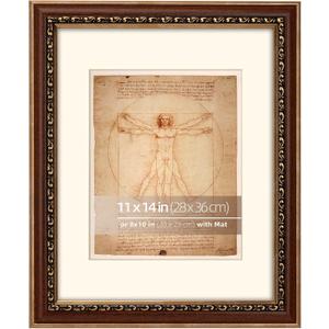 11x14 in Distressed Brown and Gold Curved Scrollwork Motif Embossed Ornate Classic Picture Frame, Matted for 8x10 inches, Tabletop or Wall Display, Real Glass Protection