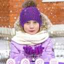 Senker Fashion Winter Kids Hat and Gloves Set for Boys Girls Toddler Pompom Knit Thick Warm Fleece Lined Cold weather (Pink Purple)