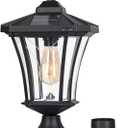 Solar Post Light Outdoor, ST4339Q Dusk to Dawn Vintage Solar Lamp Post Light with Pier Mount Base Wireless Aluminum Black Waterproof, Fence Pole Light with Pattern Glass for Yard Patio Garden Entryway