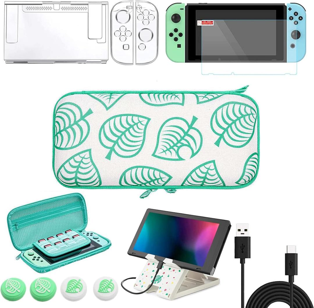 Switch Accessories Bundle for Animal Leaf Crossing, Switch Carrying Case with Playstand & Screen Protector & 4 Thumb Grip Caps & Protective Cover & Charging Cable