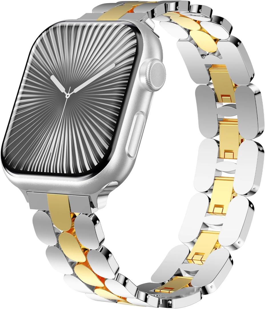 Stainless Steel Dressy Band for Apple Watch for Women Series11/10/9/8/7/6/5/4/3/2/1/SE/Ultra Compatible with 41mm 40mm 38mm 42mm 46mm 49mm 45mm 44mm Bands,Adjustable Designer Metal Strap for iWatch (Silver Gold)