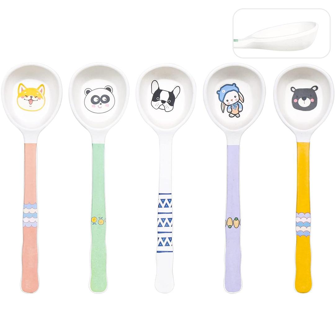 Shopwithgreen 5 PCS Bamboo Kids Spoons Set, Children Utensils Spoons Flatware Cutlery Set, BPA Free | Dishwasher Safe, Child and Kids Feeding for Dinner, Dessert, NOT FIT FOR BABIES WITH SMALL MOUTH