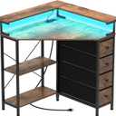 VENNQD Corner Desk with Drawers Shelves for Small Space 90 Degrees Triangle Computer Desk with Power Outlets,Gaming Desk with LED Lights Monitor Stand for Home Office Workstation Writing Table (Brown)