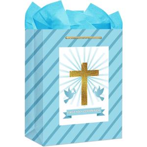 FLYAB First Holy Communion Gift Bag - 11.5" Baptism Gifts for Girls Boys First Communion Religious Cross Christian with Tissue Paper Handle Confirmations Gifts for Baby Boys Girls