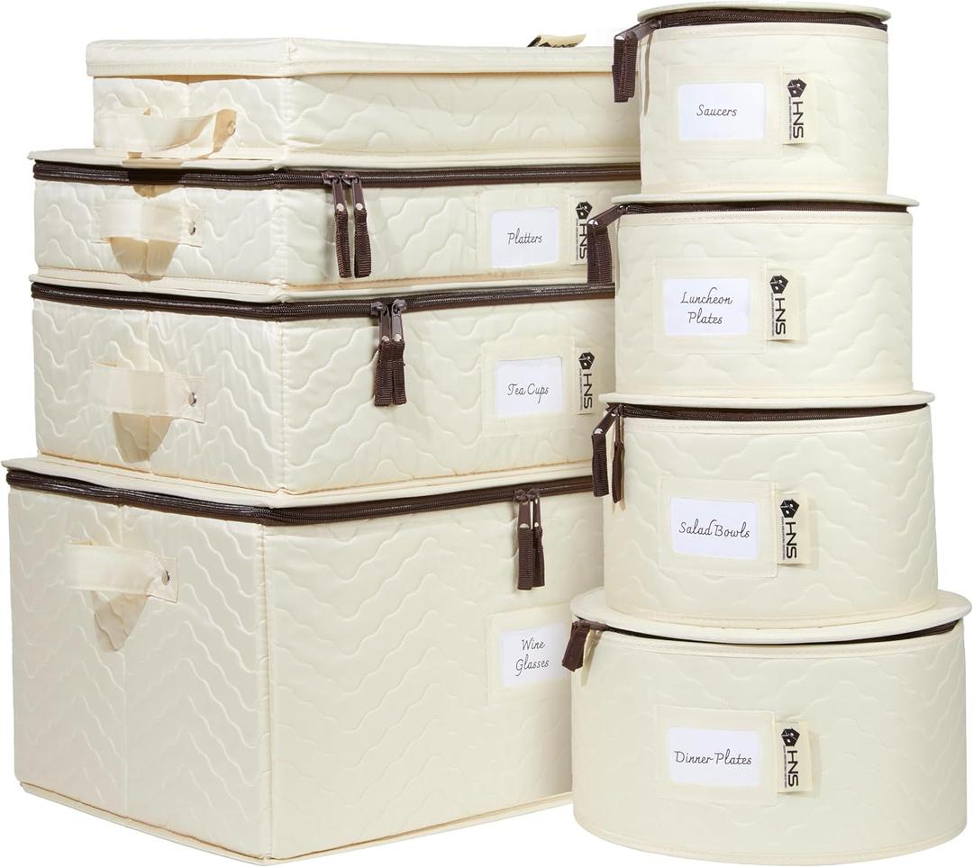China Storage Hard Shell Containers 8-Piece Set Moving Boxes for Dinnerware, Glasses, Plates, Mugs and Saucers Sturdy Dish Organizer with Dividers for Seasonal Storage - Service for 12 - Beige Quilted