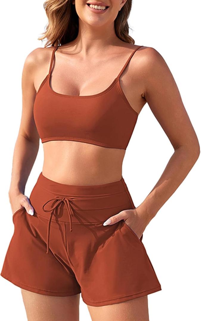 Pink Queen Women 2 Piece Bathing Suits Adjustable Strap Top Drawstring High Waisted Bikini Shorts Swimsuit with Pockets 2026 (Medium, Orange)