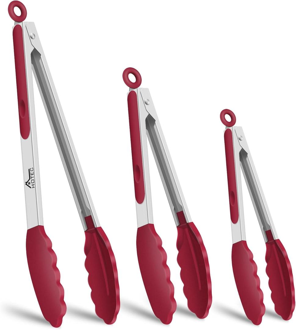 HOTEC Premium Stainless Steel Locking Kitchen Tongs with Silicon Tips, Set of 3-7", 9" and 12" (Red)