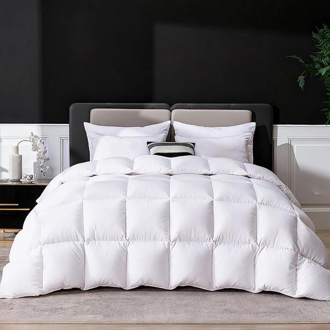 Goose Feather Down Fiber Comforter King Size, Ultra Soft Medium Warm Duvet Insert, All Season Luxury Hotel Bedding Comforters with Corner Tabs(White 88x88 inches)