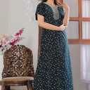 Mik & Misha Women's Cotton Printed Nighty/Night Gown Maxi Free Size (Dark Green)