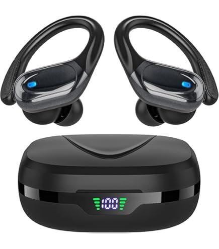 Bcaikair Wireless Earbuds, Sports Bluetooth Headphones, Ear Buds with 80hr Playtime, Noise Canceling, LED Power Display, IPX7 Waterproof Earphones for Workout/Running Black