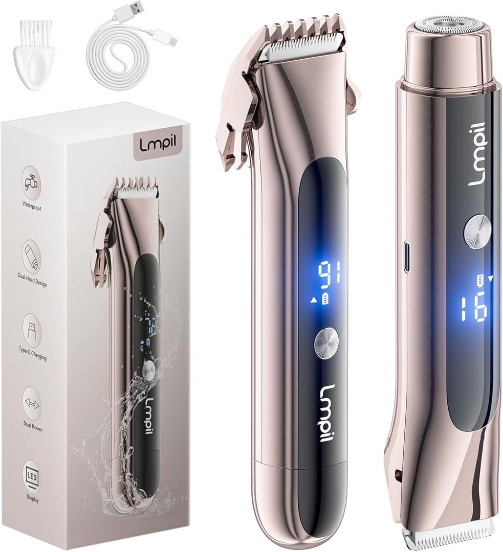 Bikini Trimmer for Women, 2-in-1 Electric Razor with Dual Heads, Ceramic Blade, Waterproof & Rechargeable, Painless Pubic Hair Shaver for Bikini, Underarm, Legs, Face | Gift for Her - ChampagneGold