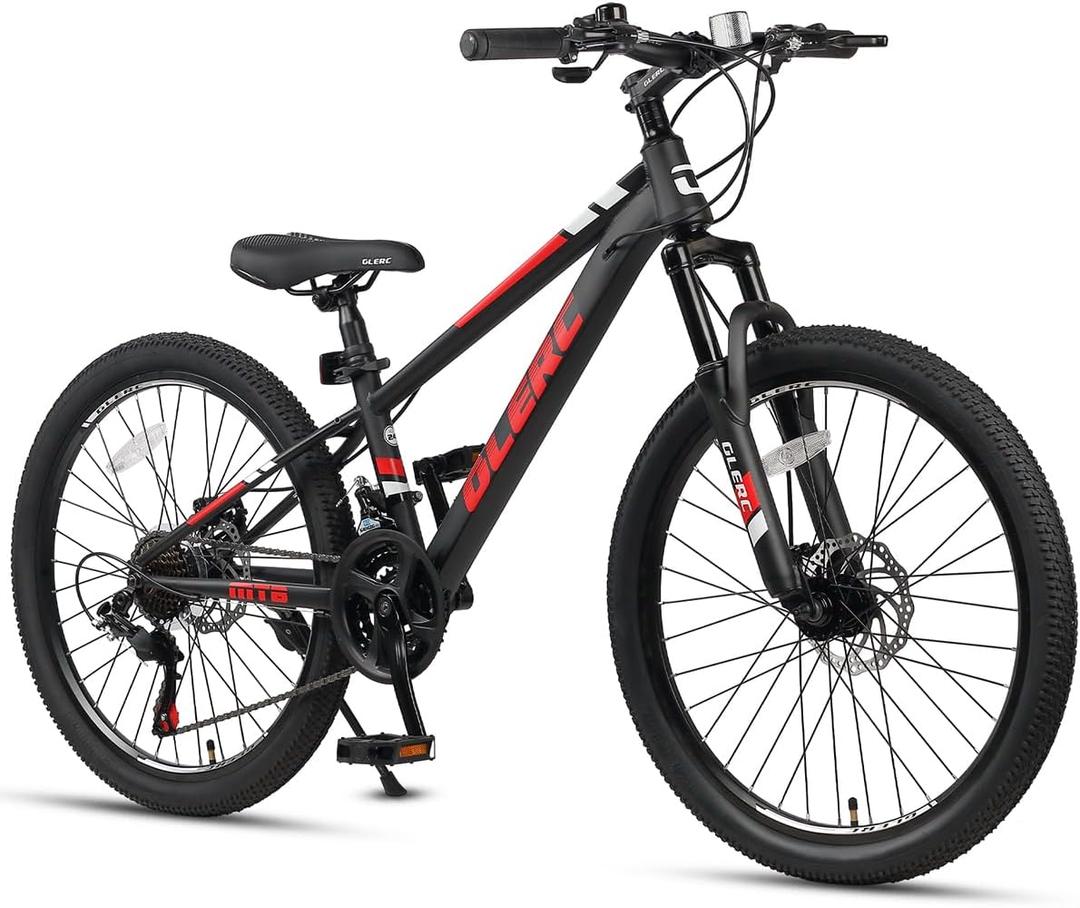 Glerc 20 24 Inch Kids Bike, Kids Mountain Bike for Boys and Girls Ages 6-14, 21-Speed Skyline Bicycle with Front Suspension and Disc Brakes, Multiple Colors (Black)
