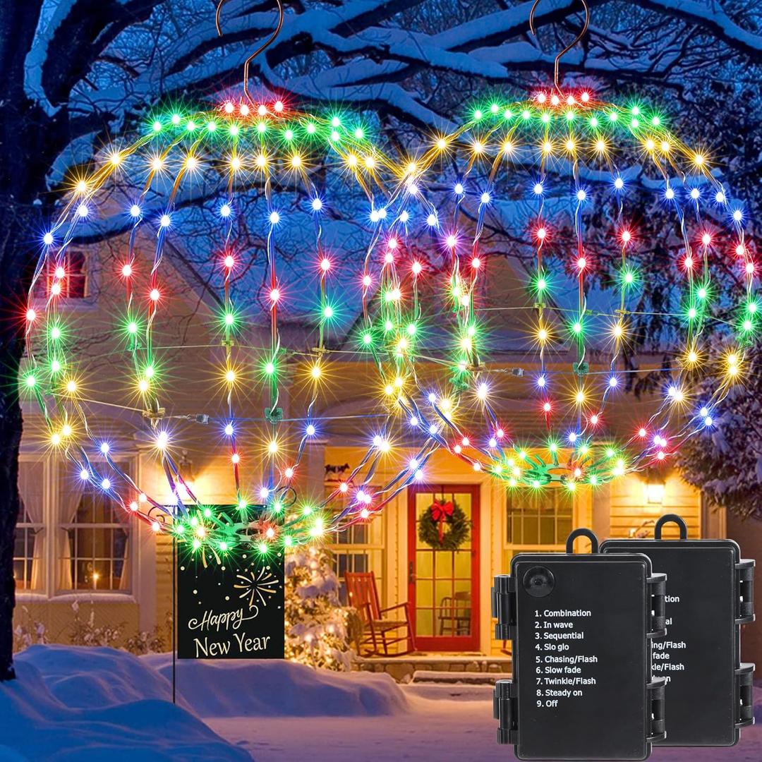 Joomer Battery Operated Christmas Ball Lights 2Pack, 13IN & 11IN Foldable Metal Sphere Lights, Waterproof 8 Lighting Modes with Timer Function, Hanging Light for Christmas Decorations (Multicolor)