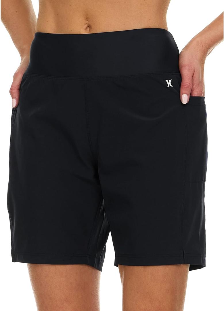 Hurley 5"/7" High Waisted Swim Shorts Women, Board Shorts with Pockets & Inner Liner, Quick Dry Swim Trunk, UPF 50+ (X-Large, Black)