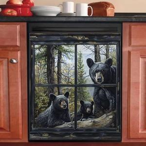 Forest Animal Dishwasher Magnet Cover, Black Bear Dishwasher Decorative Cover Magnetic Refrigerator Front Cover, Home Kitchen Decorative Magnetic Dishwasher Front Cover 23x26 Inch Magnetic (Magnetic 23"W x 26"H, Black Bear 02)