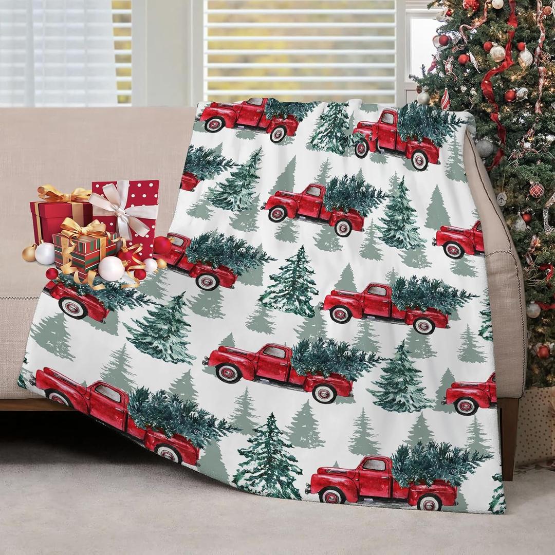 Christmas Throw Blankets Country Rustic Red Truck with Christmas Tree Throw Blanket Soft Warm Cozy Flannel Blanket for Bedroom Living Rooms Couch Sofa Bed Home Decor 40x50 Inch
