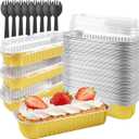 50 Pack Mini Loaf Pans with Lids & Spoons, 6.8oz Rectangle Aluminum Foil Baking Pans, Oven Safe Bread Tins for Brownie, Cheesecake, Lasagna - Disposable Food Containers-Gold