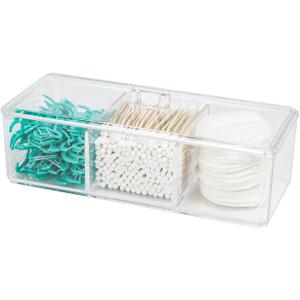 Clear Bathroom Dresser Organizer - Cotton Ball Swab Holder with 3 Divided Compartments&Lid, , Waterproof Transparent Small Plastic Storage Containers, Vanity Makeup Organization