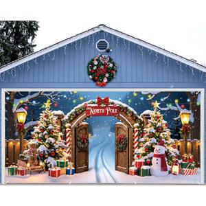 Christmas Door Banner Decoration 7 x 16 ft Magnetic Garage Door Covers Large Christmas Backdrop Decorations for Outdoor Indoor Xmas Party (the North Pole)