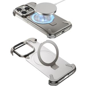 Natural Titanium Frameless for iPhone 15 Pro Case with Magsafe Kickstand, Bezel Less Metal Slim Hard Shockproof Ultra Thin for iPhone 15pro Case with Ring Stand Holder Magnetic Cover for Men