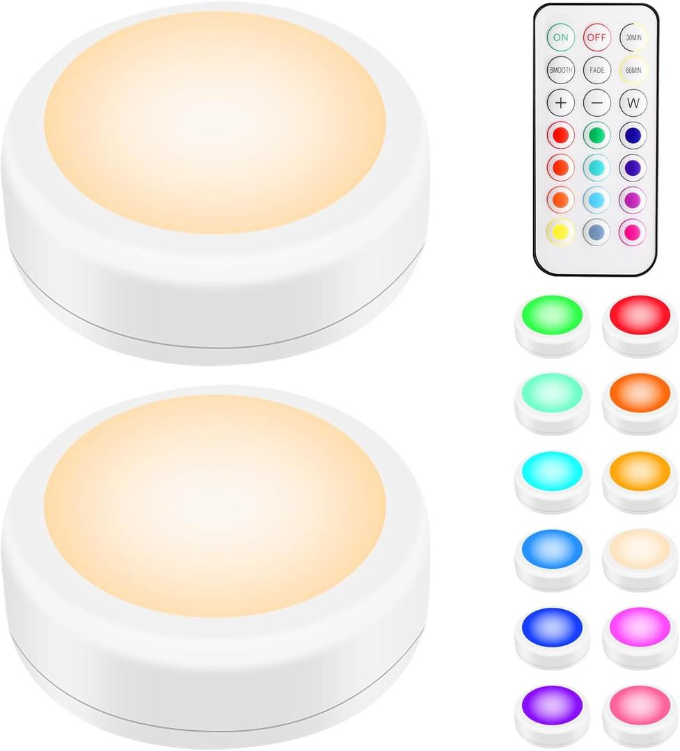 BLS LED Puck Lights with Remote Control, Wireless Under Cabinet & Closet Lighting, RGB 13 Color Changing Lights with Dimmer, Timer & AA Battery Operated, Push, Touch, Stick on for Night, White, 2 Pack