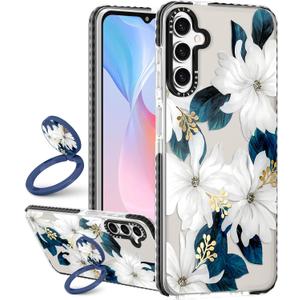Boaretiu Cute Kawaii for Samsung Galaxy A16 Case with Stand - Fashion Cool 360 Rotate Ring Holder Kickstand Blue Flower for Women Girls Boys Teens Girly for Galaxy A16 Case