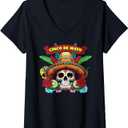 Womens Cinco De Mayo Skeleton Sombrero Mexican Sugarskull V-Neck T-Shirt (Small, Black)