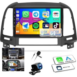 2G+64G Android 13 Car Stereo for Hyundai Santa Fe Radio 2006-2012 Wireless CarPlay Android Auto GPS Navigation 9 HD Touchscreen Bluetooth SWC FM/WiFi/Mirror Link+Backup Camera