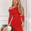 HOCILLE Women's Sexy Bodycon One Shoulder Mini Dresses Long Sleeve Ruched Ruffle Hem Club Party Short Dress (Red, XL)