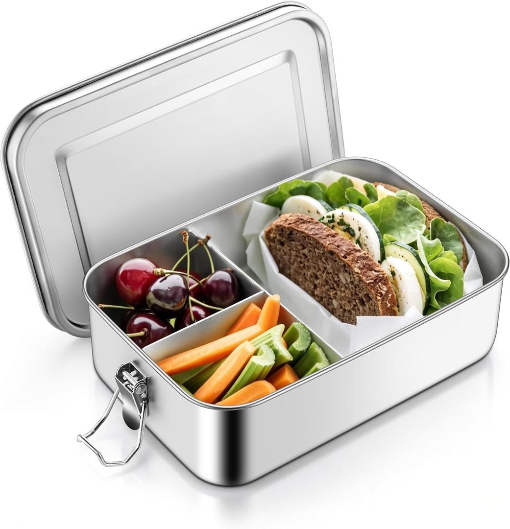 TeamFar Stainless Steel Bento Box, 47oz/1400ML Metal Lunch Box with Leak-Proof Lid for Adults/Kids, Lunch Food Containers with 3 Compartments for School/Work/Meal Prep, Heavy Duty & Dishwasher Safe