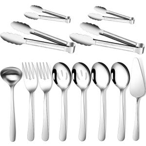 Gisly 12-Piece Serving Set - Large Spoons, Forks, Tongs, Ladle, Cake Server & Appetizer Tongs for Buffet Catering, Dishwasher Safe