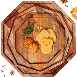 Sabary 3 Pieces Acacia Wood Serving Tray Wooden Octagon Bread Fruit Platter Large Decorative Plates Charcuterie Cheese Platter Board Vegetable Food Dish for Salad Pizza Cupcakes(12", 10", 8")