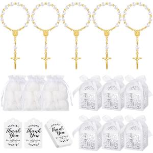 MTLEE 100 Pieces Baptism Favors Set Includes 25 Mini Rosary Baptism Favors 25 Baptism Favor Boxes 25 White Organza Bags with Drawstring 25 Thank Tags for Baby Shower Christian Gifts(Gold)